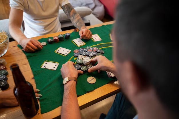 Tampilan meja Teen Patti di patapon dengan kartu dan chip